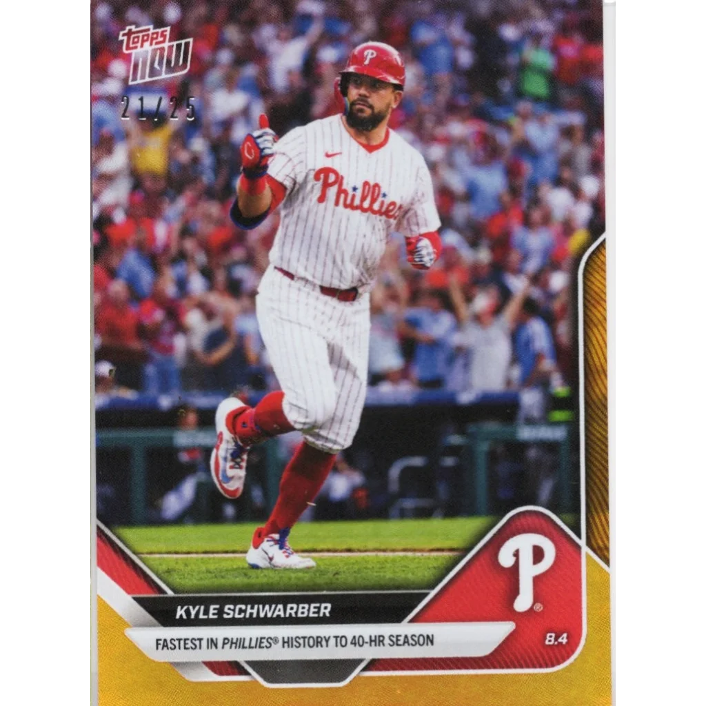 Kyle Schwarber in Phillies uniform, 2025 Topps Now #515 orange foil card