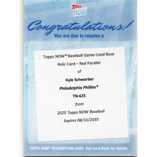 2025 Topps Now Kyle Schwarber #625 Game Used Base 4 Home Run Game Relic Red /5 Redemption Philadelphia Phillies Baseball Card
