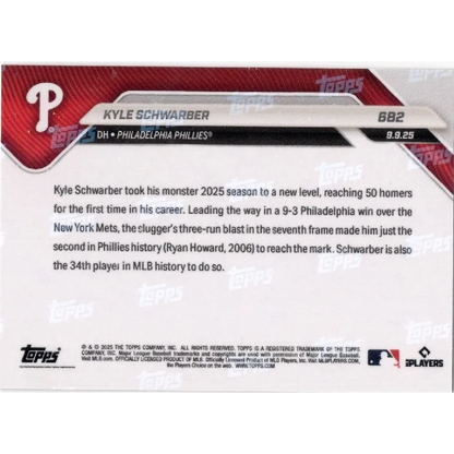 2025 Topps Now Kyle Schwarber #682 Gold Foil /50 Philadelphia Phillies Baseball Card | Limited Edition /50 Gold Foil Philadelphia Phillies Baseball Card | vintageantiquesgifts.com
