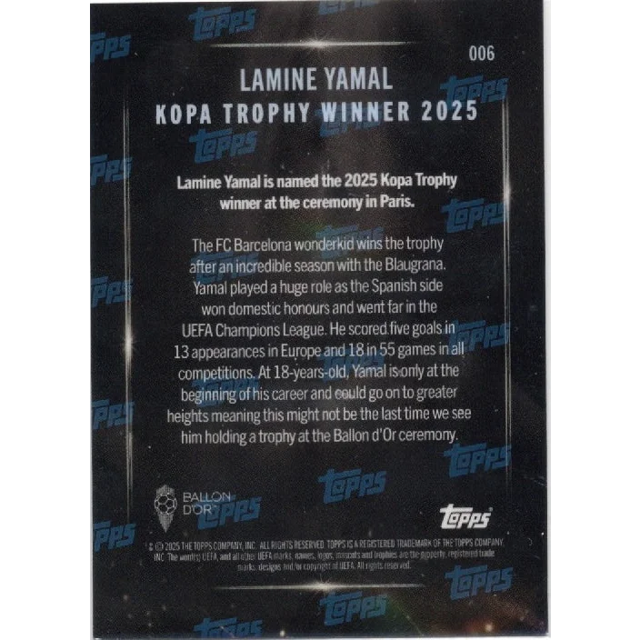 2025 Topps Now Lamine Yamal #006 Kopa Trophy Winner Gold Foil /50 Soccer Card | Limited Edition /50 Gold Foil Soccer Card | vintageantiquesgifts.com