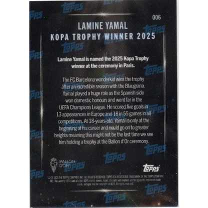 2025 Topps Now Lamine Yamal #006 Kopa Trophy Winner Gold Foil /50 Soccer Card | Limited Edition /50 Gold Foil Soccer Card | vintageantiquesgifts.com