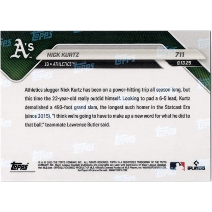 2025 Topps Now Nick Kurtz #711 Black Foil /10 Athletics Rookie RC Baseball Card