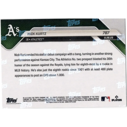 2025 Topps Now Nick Kurtz #787 Gold Foil /50 Athletics Rookie RC Baseball Card | Limited Edition /50 Gold Foil Rookie Baseball Card | vintageantiquesgifts.com