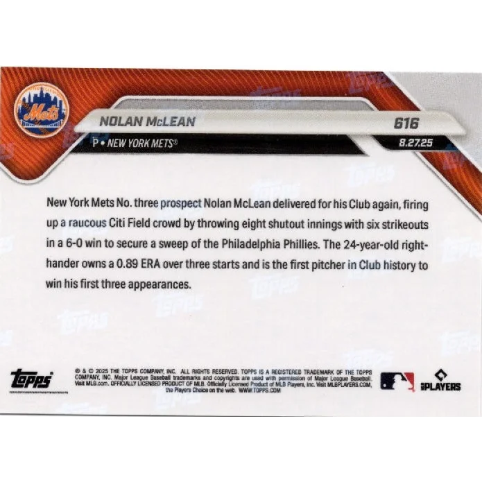 2025 Topps Now Nolan McLean #616 Gold Foil /50 New York Mets Rookie RC Baseball Card | Limited Edition /50 Gold Foil Rookie Baseball Card | vintageantiquesgifts.com