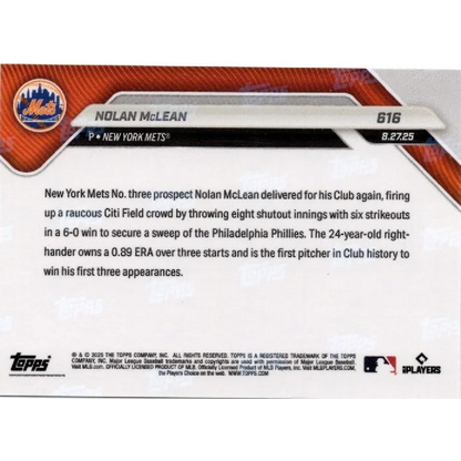 2025 Topps Now Nolan McLean #616 Gold Foil /50 New York Mets Rookie RC Baseball Card | Limited Edition /50 Gold Foil Rookie Baseball Card | vintageantiquesgifts.com