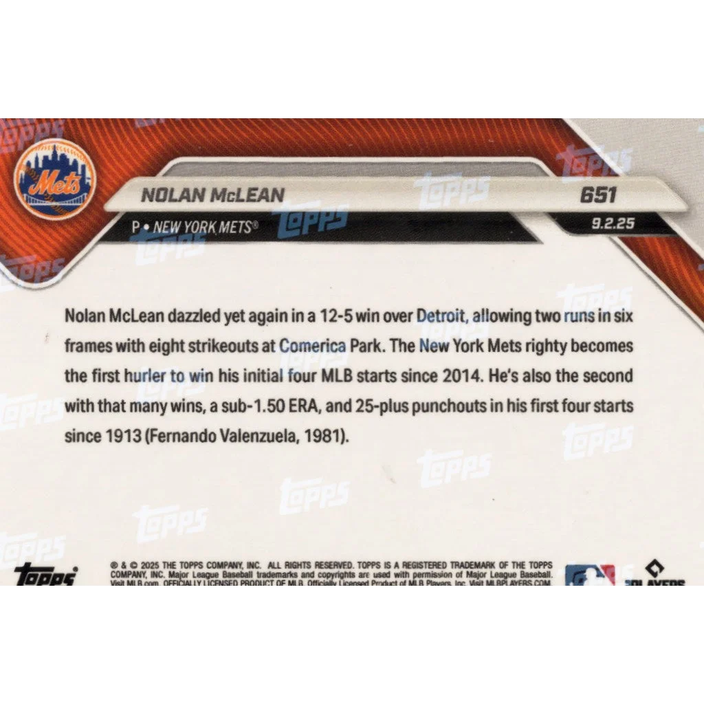 2025 Topps Now Nolan McLean #651 Black Foil /10 New York Mets Rookie RC Baseball Card | Limited Edition /10 Black Foil Baseball Card | vintageantiquesgifts.com