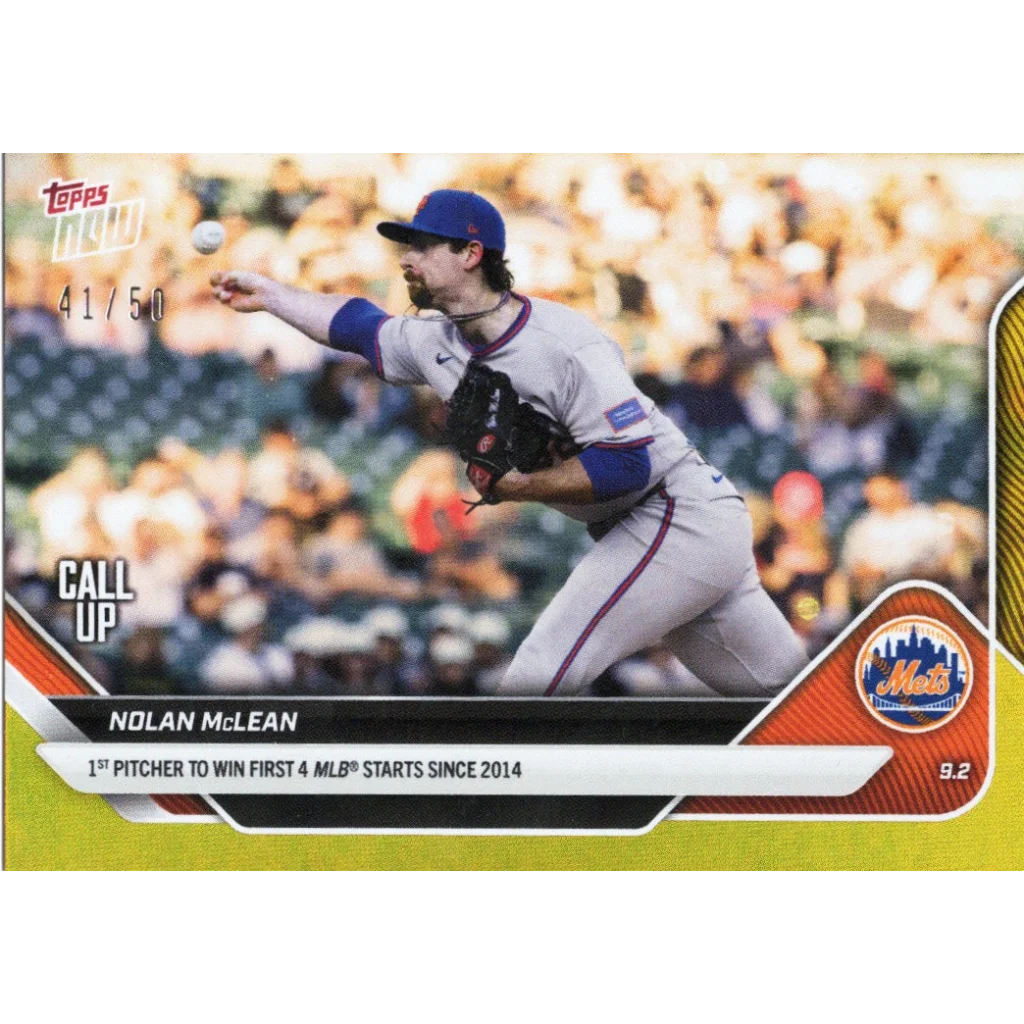 Nolan McLean New York Mets rookie in gray uniform, 2025 Topps Now gold foil card