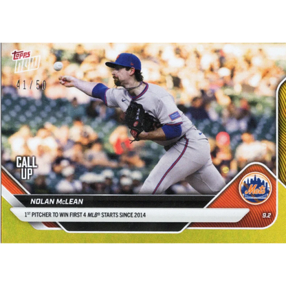 Nolan McLean New York Mets rookie in gray uniform, 2025 Topps Now gold foil card