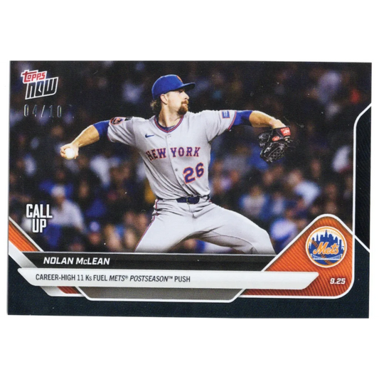 Nolan McLean in gray Mets jersey, cap, 2025 Topps Now black foil /10 RC card