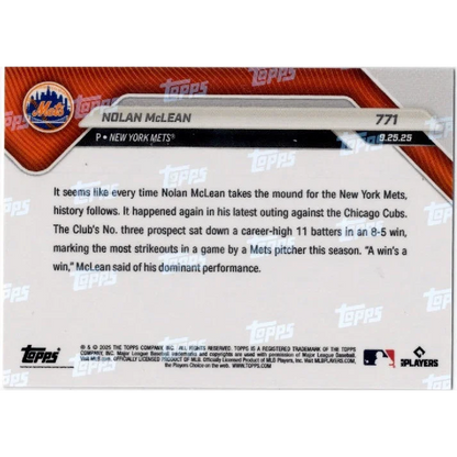 2025 Topps Now Nolan McLean #771 Gold Foil /50 New York Mets Rookie RC Baseball Card