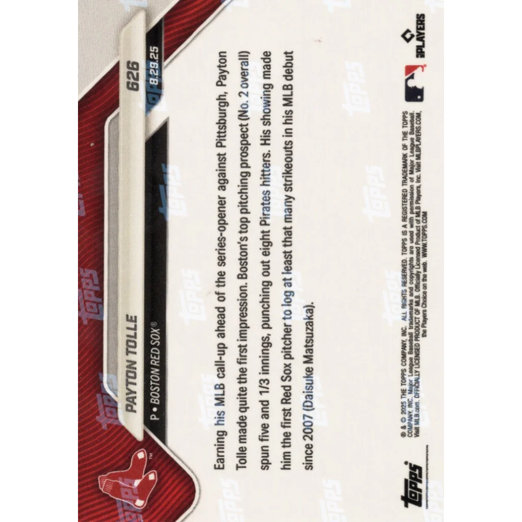 2025 Topps Now Payton Tolle #626 Black Foil /10 Boston Red Sox Rookie RC Baseball Card