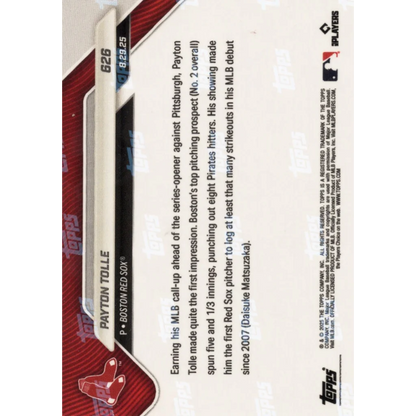 2025 Topps Now Payton Tolle #626 Black Foil /10 Boston Red Sox Rookie RC Baseball Card