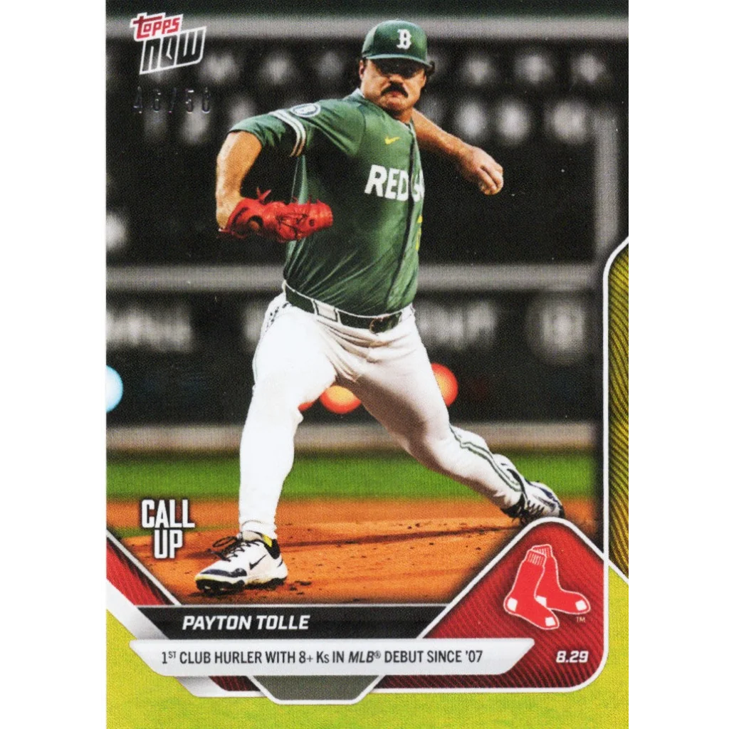 Payton Tolle in green white Reds jersey pitching, 2025 Topps Now #626 Gold Foil card