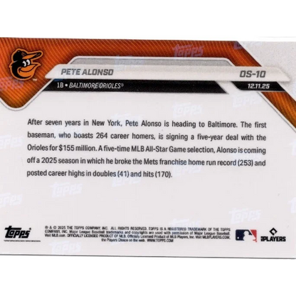 2025 Topps Now Pete Alonso #OS10 Black Foil /10 Baltimore Orioles Baseball Card | Limited Edition /10 Black Foil Baseball Card | vintageantiquesgifts.com