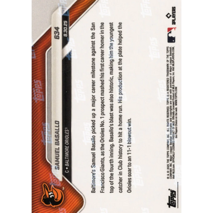 2025 Topps Now Samuel Basallo #634 Black Foil /10 Baltimore Orioles Rookie RC Baseball Card