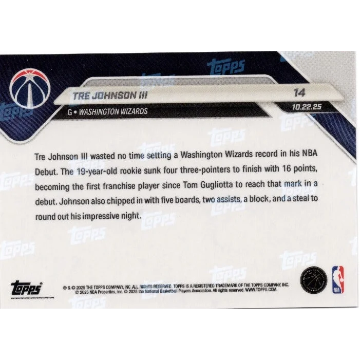 2025 Topps Now Tre Johnson #14 Black Foil /10 Wizards Rookie RC card