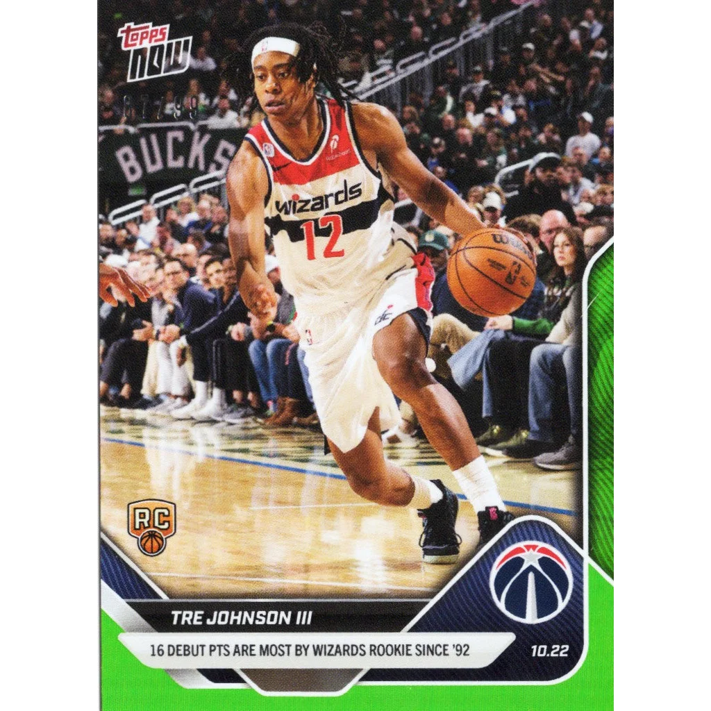 2025 Topps Now Tre Johnson #14 Green Foil /99 Washington Wizards Rookie RC Basketball Card | Hall of Fame Sports Memorabilia | vintageantiquesgifts.com