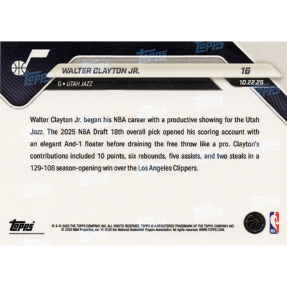 2025 Topps Now Walter Clayton Jr #16 black foil /10 Utah Jazz rookie RC card