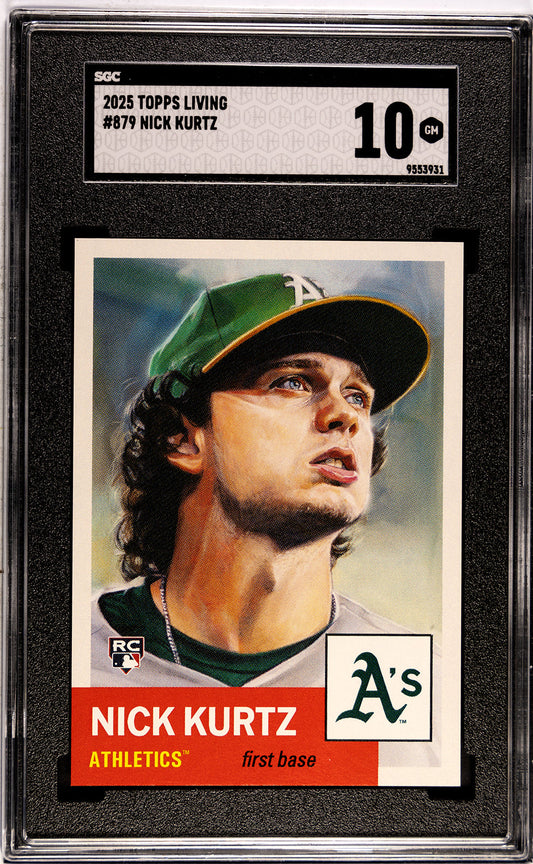 SGC graded 10 gem mint baseball card featuring Nick Kurtz in green Oakland Athletics uniform and cap, rookie card designation visible.