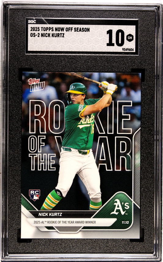 SGC-graded baseball card in black holder showing Nick Kurtz in green Oakland A's uniform mid-swing, labeled "Rookie of the Year," graded 10 Gem Mint.