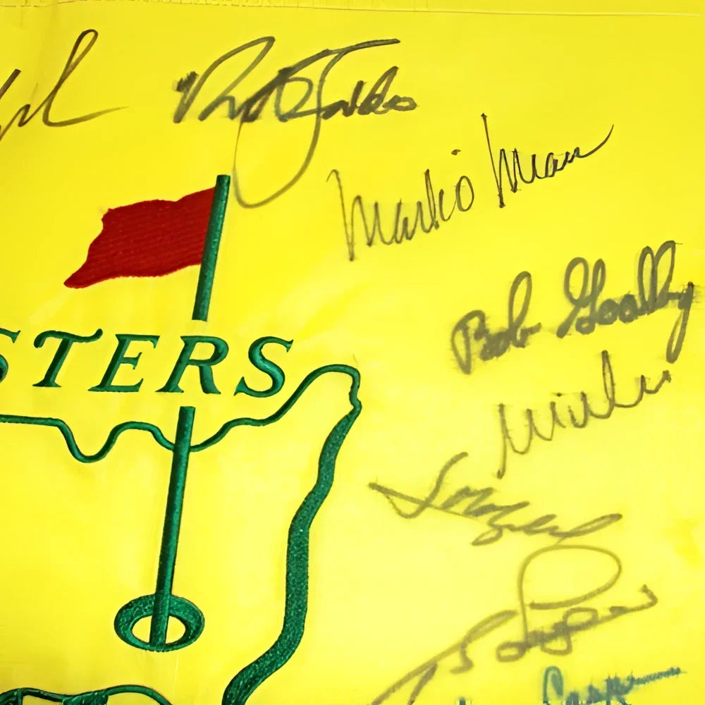 Signed Masters golf pin flag yellow with green outline and red accents