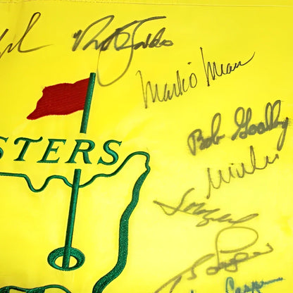 Signed Masters golf pin flag yellow with green outline and red accents