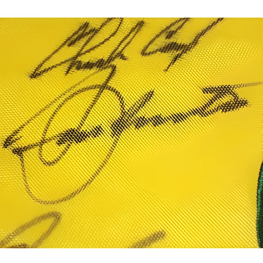 Bright yellow Masters golf pin flag with 21 black ink signatures