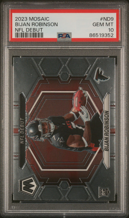 Graded 2023 Panini Mosaic Bijan Robinson #ND9 NFL Debut Rookie RC Football Card PSA 10 Gem Mint
