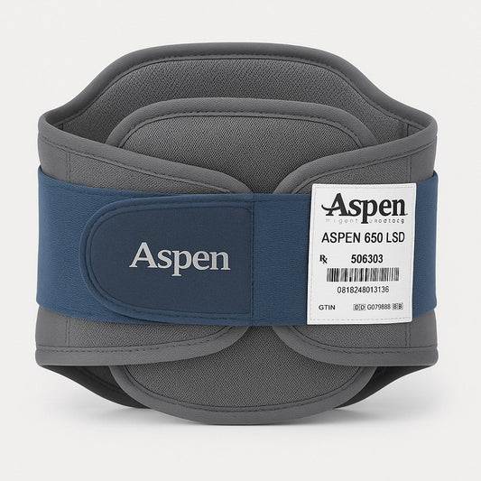 Front view of gray Aspen 650 LSD lumbar back brace with blue support band and white product label against white background.
