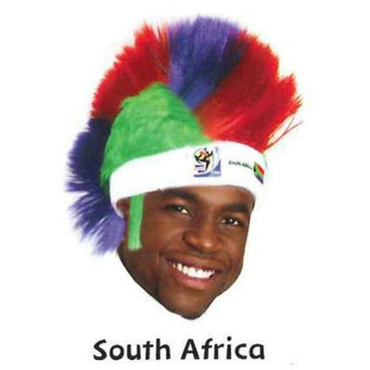 Person wearing green, red, and blue mohawk wig with white headband displaying South Africa flag and 2010 FIFA World Cup logo.