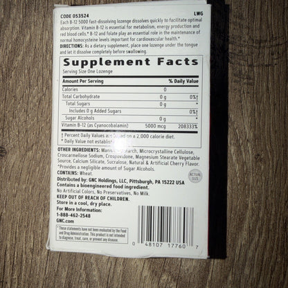 GNC Vitamin B-12 5000 mcg Lozenges, Cherry, 60 Count (Best By 3/2027)