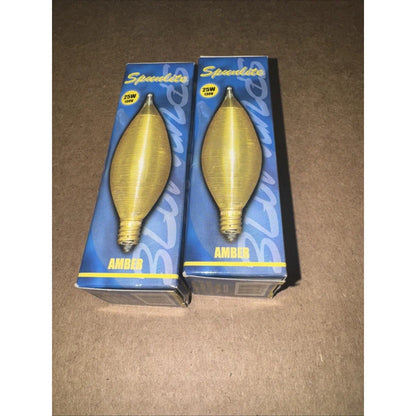 Two Bulbrite Spunlite 25W 130V amber candelabra bulbs in blue packaging