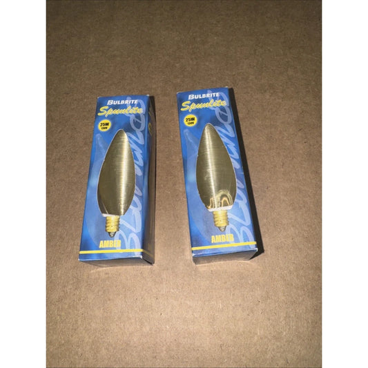 Two Bulbrite Spunlite 25W 130V amber candelabra light bulbs in blue packaging