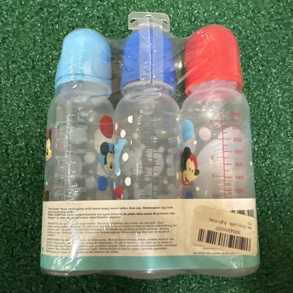 3 Disney Mickey baby bottles with colorful designs, new in package