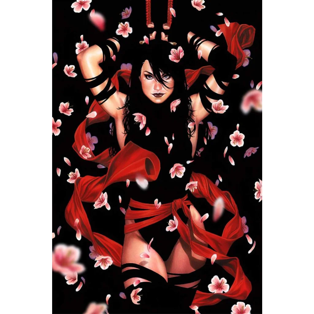 Woman with long dark hair in black outfit with red sashes and pink cherry blossoms