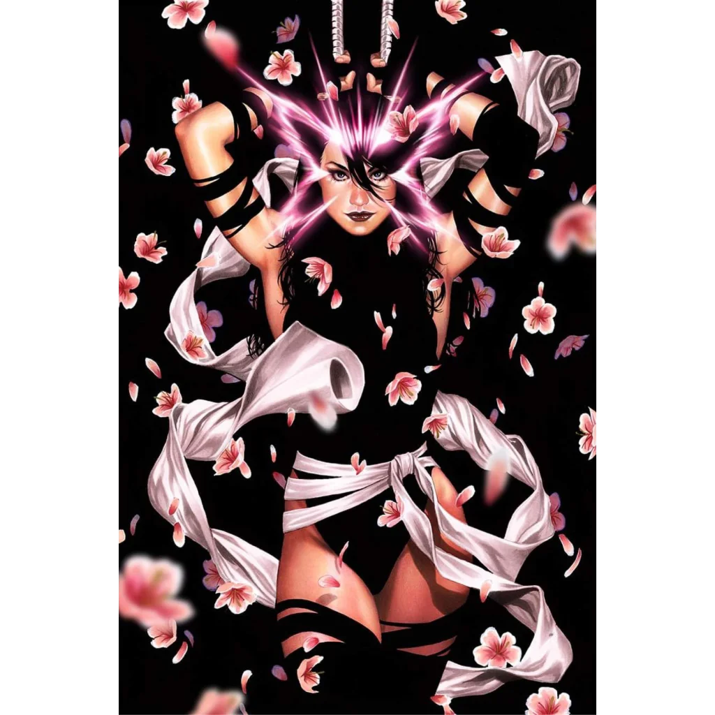 Powerful female mutant with glowing pink energy and cherry blossoms in X-MEN #15 comic