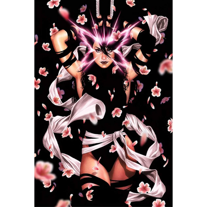 Powerful female mutant with glowing pink energy and cherry blossoms in X-MEN #15 comic