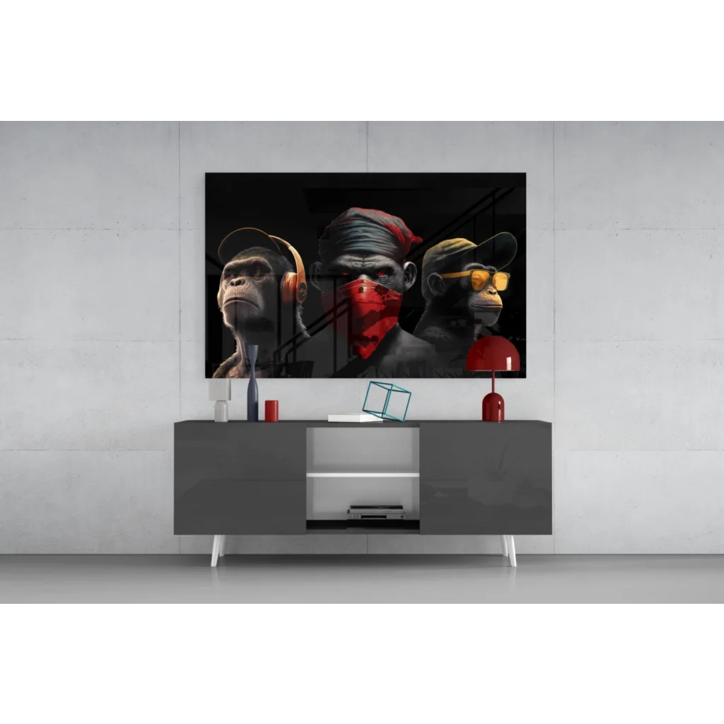 Hip Hop Monkey Trio black canvas wall art with stylish monkeys in headphones