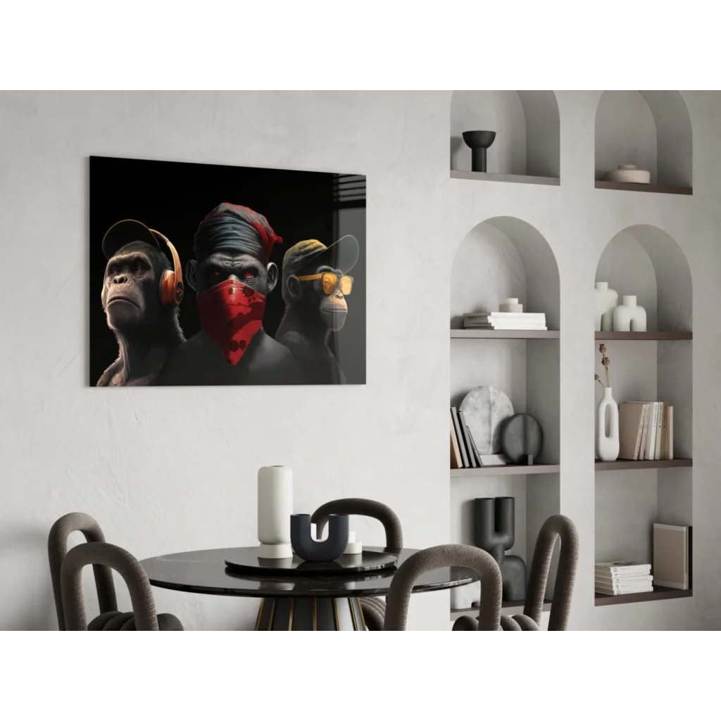 Hip Hop Monkey Trio black-framed canvas wall art print with stylized streetwear monkeys