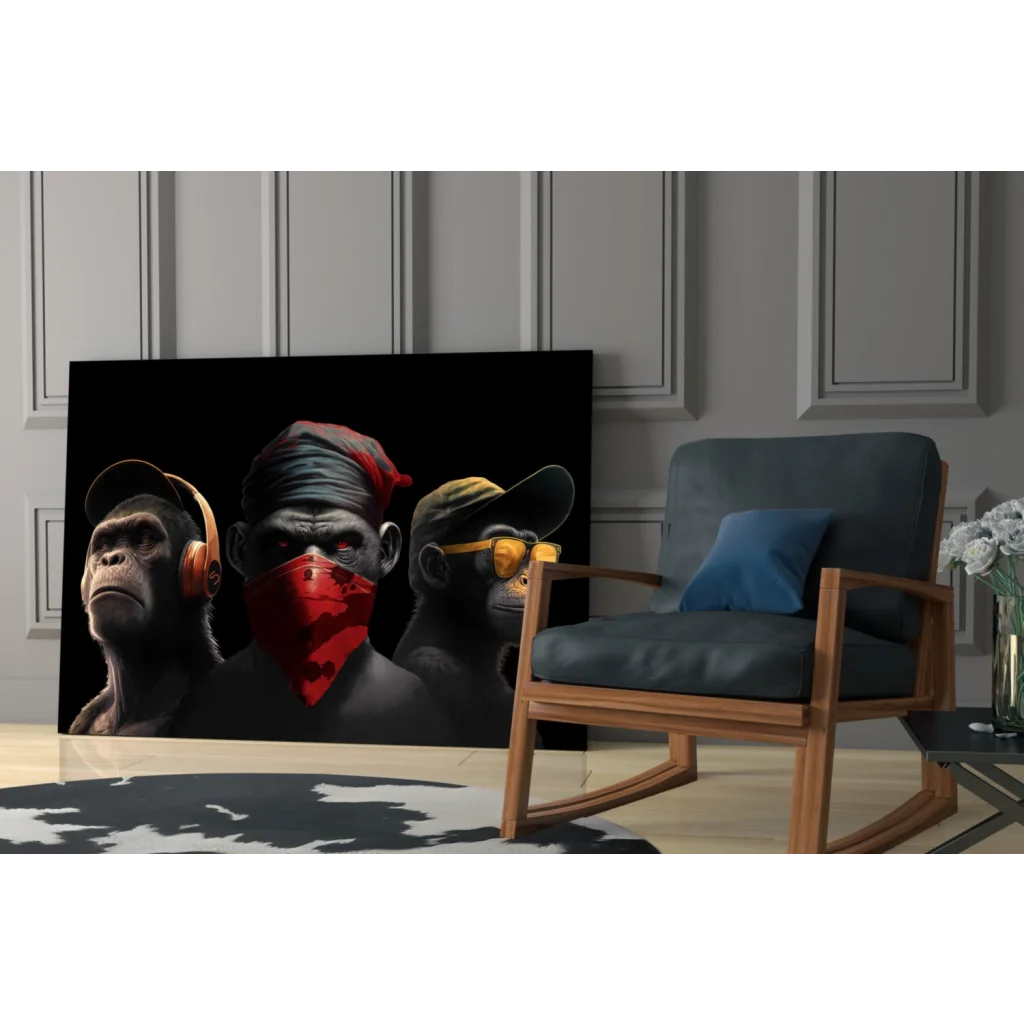 Hip Hop Monkey Trio black canvas wall art print with stylized rappers