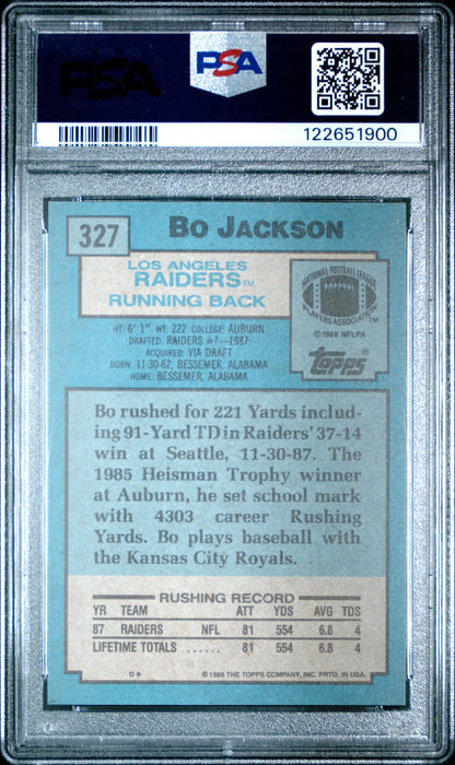 Graded 1988 Topps Bo Jackson #327 Rookie RC Football Card PSA 8 Near Mint