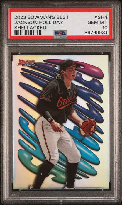 PSA-graded baseball card displaying Jackson Holliday in Baltimore Orioles uniform with colorful gradient background and Bowman's Best logo.