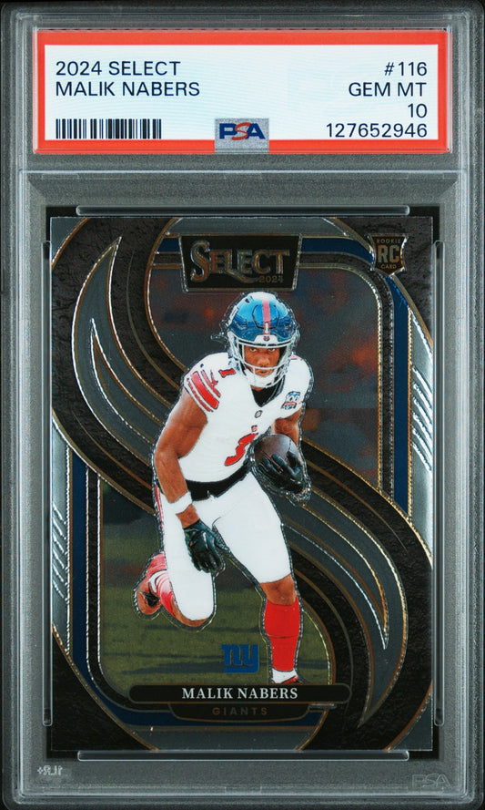PSA-graded trading card in clear case showing Malik Nabers in white Giants uniform against dark background with gold design elements.