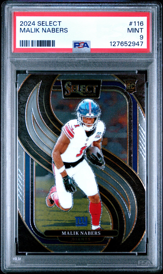 PSA-graded 2024 Panini Select Malik Nabers rookie card in protective case showing front with player in New York Giants uniform.