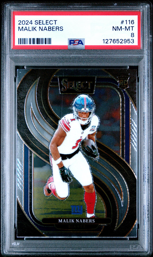 PSA-graded trading card in clear holder showing Malik Nabers in New York Giants white uniform within black-bordered Select design.