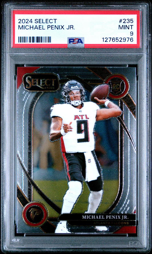 PSA-graded 2024 Panini Select Michael Penix Jr. rookie card in clear case displaying front with player in white Falcons uniform throwing football.