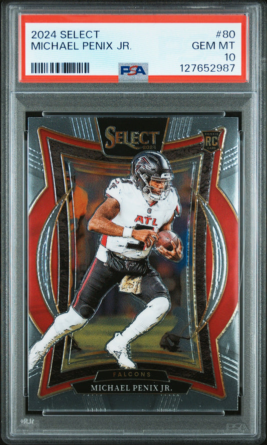 PSA-graded 2024 Panini Select Michael Penix Jr. rookie card in clear plastic holder showing player in white Falcons jersey against red and gold framed background.
