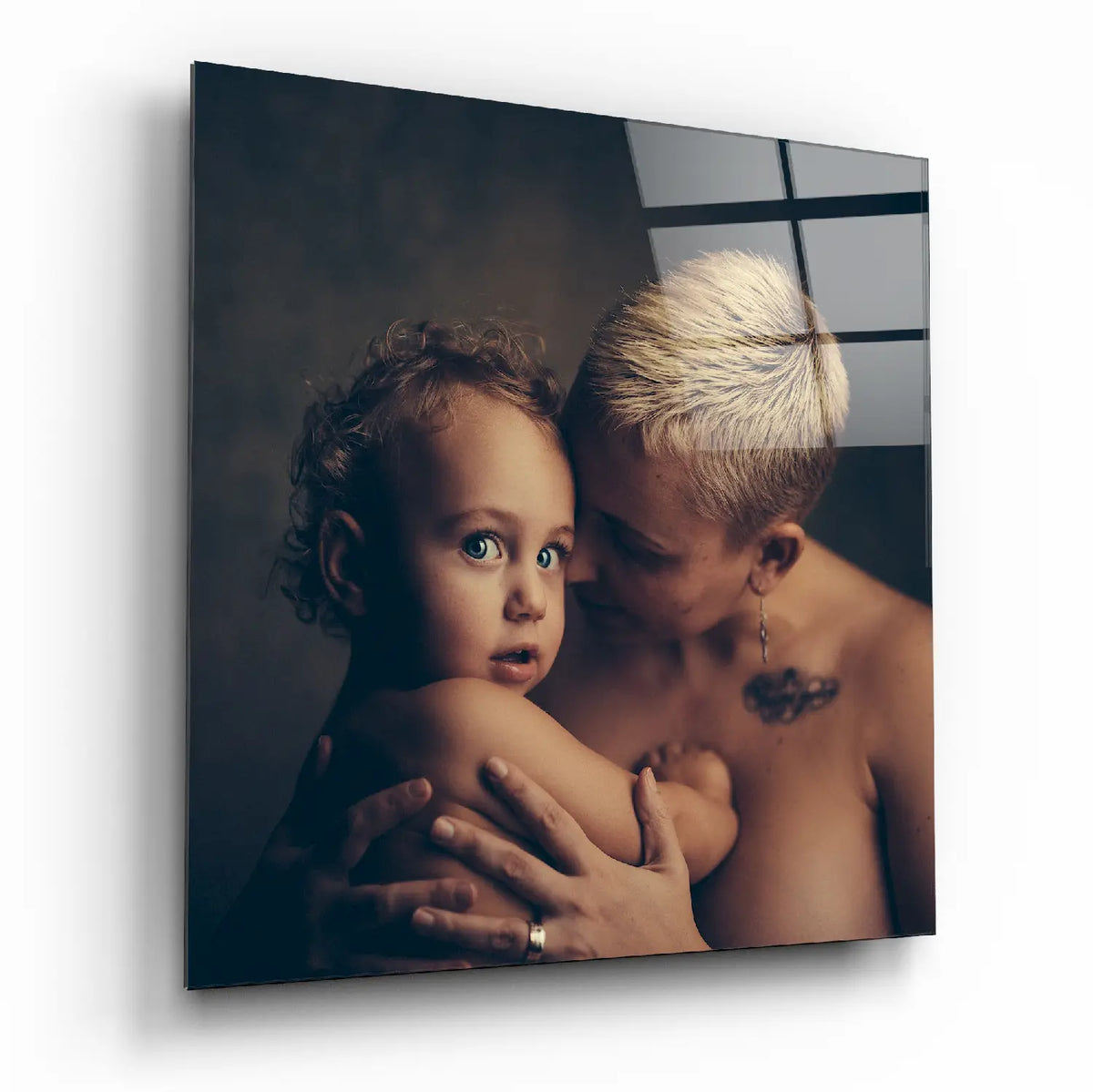 Square acrylic frame with digital printed glass art of tender adult-child moment