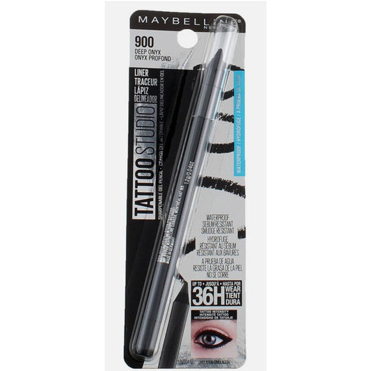 Maybelline Tattoo Studio eyeliner 900 Deep Onyx in packaging showing black liner pen and product details on card.