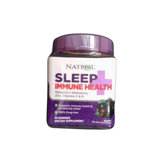 Natrol Sleep+ Immune Health gummies bottle with purple cap and label against white background.